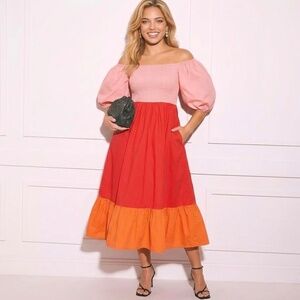 EUC Rhode Eloise Puff Sleeve Clementine Multi Colorblock Midi Dress Size MEDIUM
